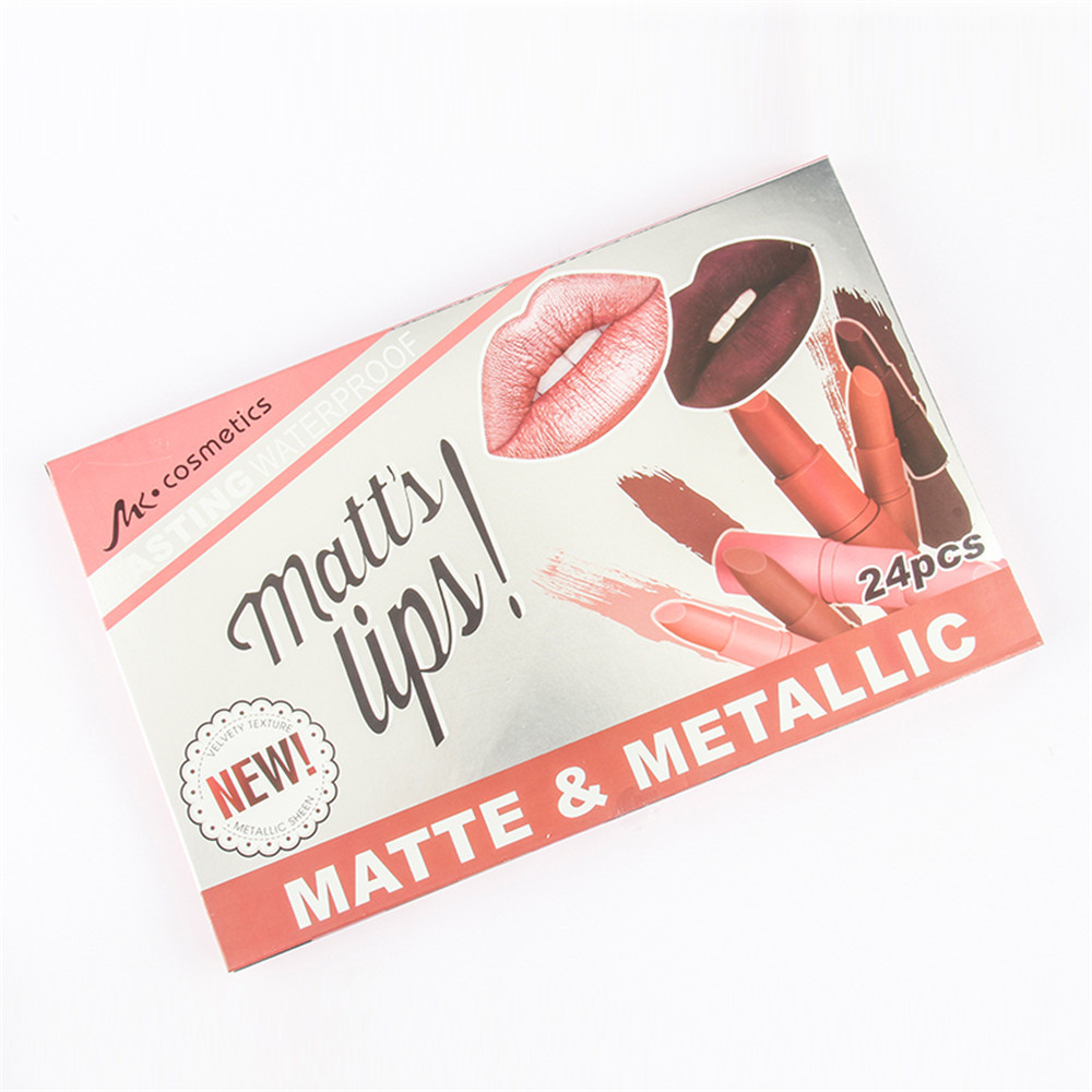 MK 24Pcs/set Lipstick Waterproof Long-Lasting Metallic Lips Makeup