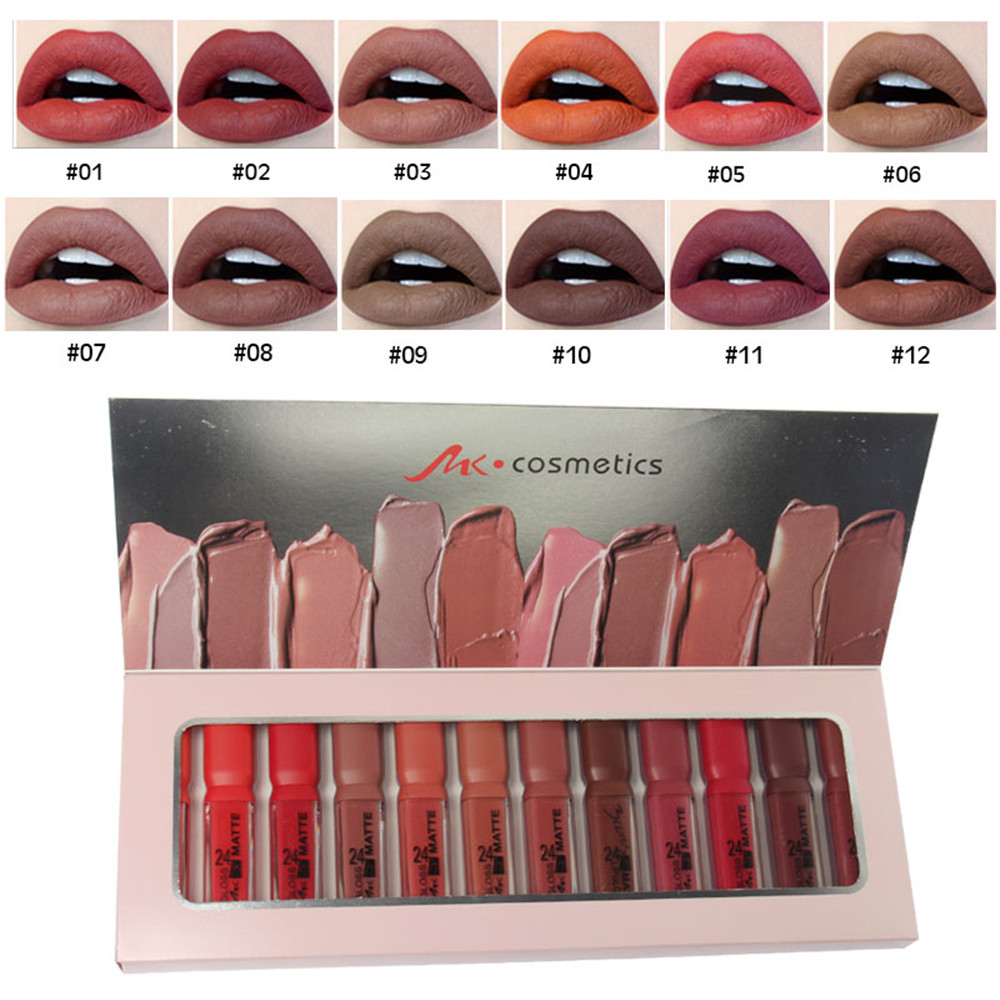 MK 12PCS/SET Lip Gloss Lasting Non-marking Matte Non-stick Cup Lipgloss Makeup