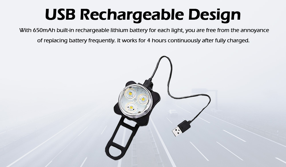 USB Rechargeable Super Bright Front Headlight Free Rear Warning LED Light for Bicycle