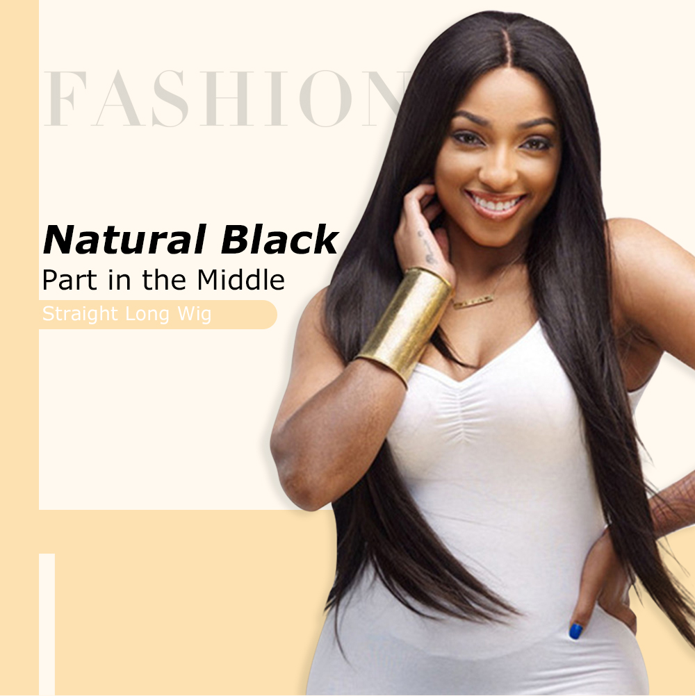 Natural Black Part in The Middle Straight Long Wig