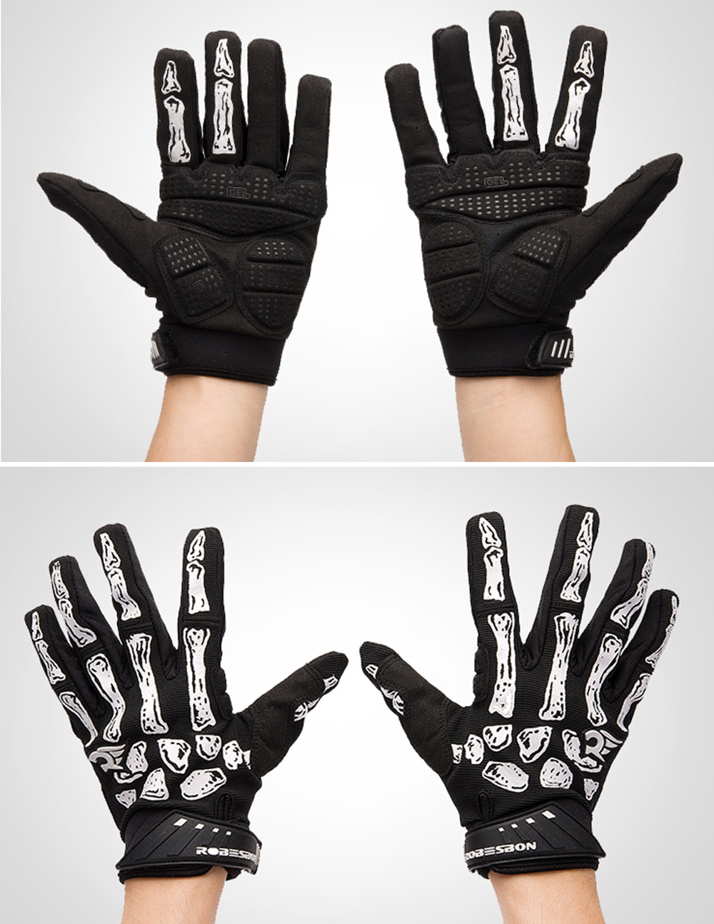 2pcs Robesbon Skeleton Skull Bone Cycling Bike Bicycle Gloves 3D Gel Pad Breathable Outdoor Full Finger
