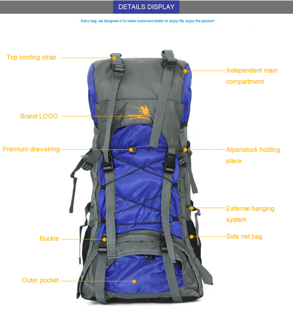 Free Knight FK008 60L Nylon Water Resistant Backpack Rucksack for Mountaineering Camping Hiking Traveling