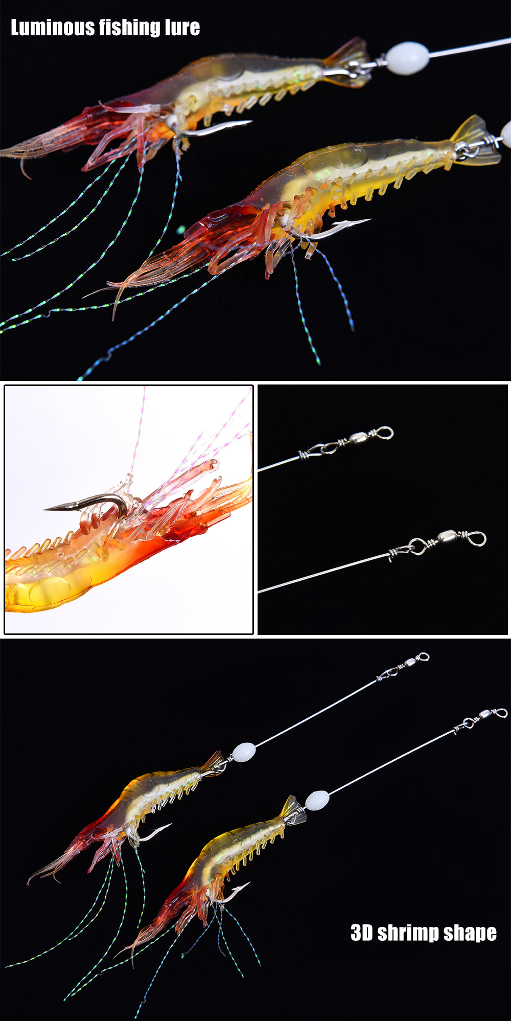 LEO 2pcs Shrimp Shape Fishing Lure Set Soft Hook Luminous Silicone Fish Bait
