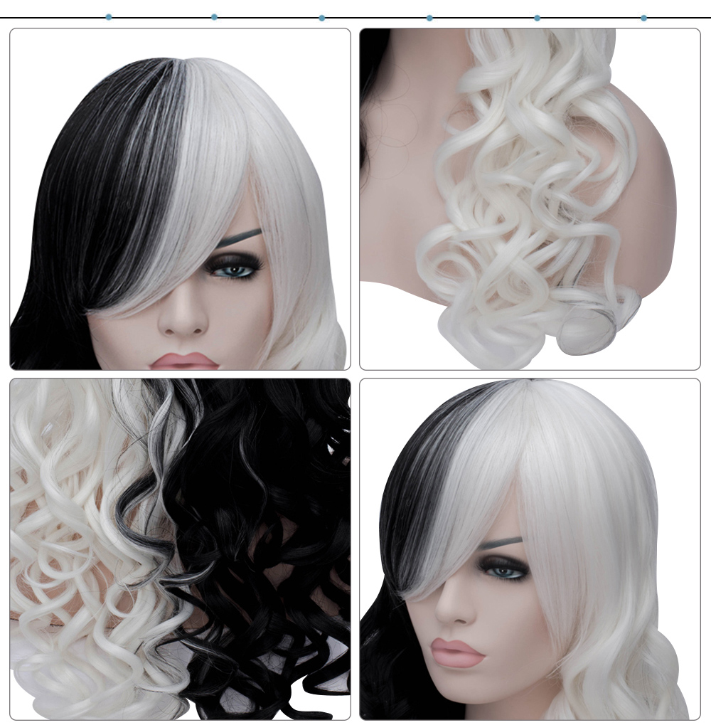Women Sexy Long Curly Black White Full Wigs Synthetic Cosplay Hair
