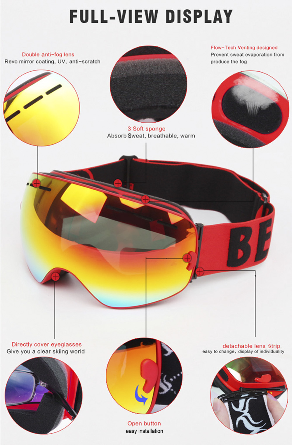 BENICE Double UV Protection Anti-fog Big Skiing Goggles Mask Men Women Snowboarding Glasses