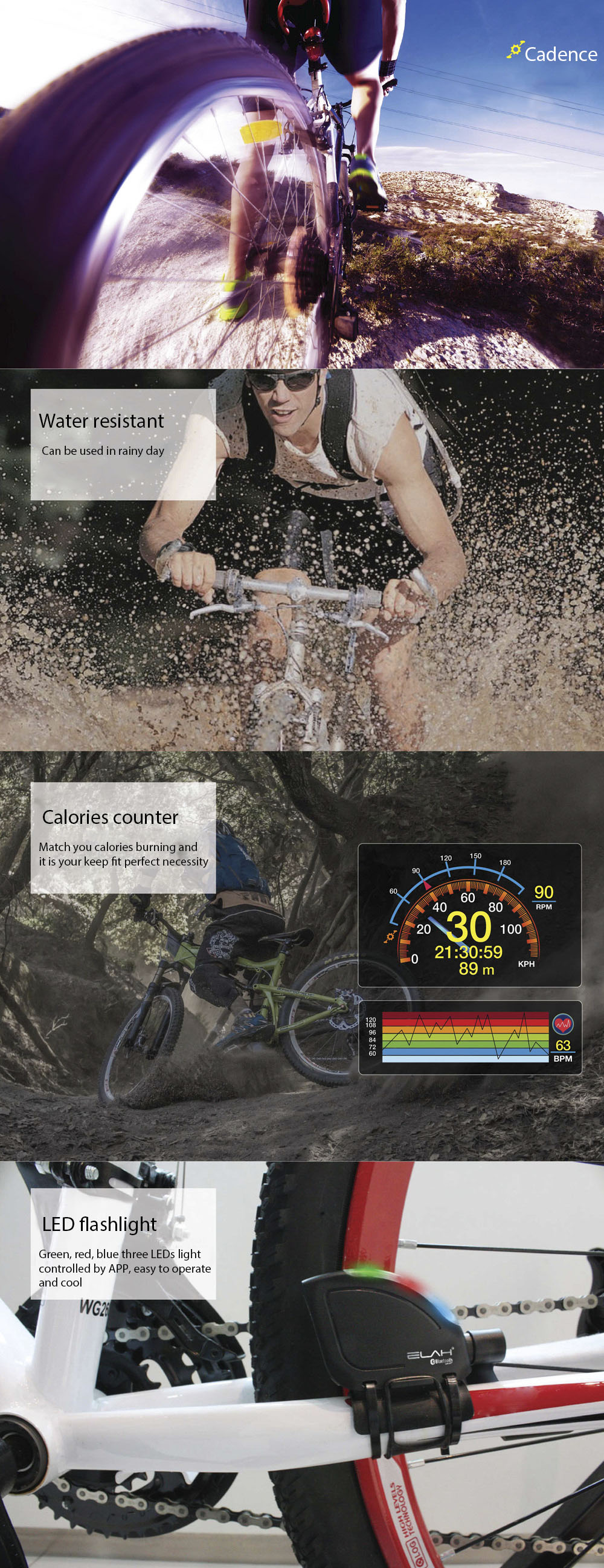ELAH BT003 - 2 Outdoor Cycling Bike Wireless Bluetooth Flashlight Sensor Speedometer Bicycle Computer