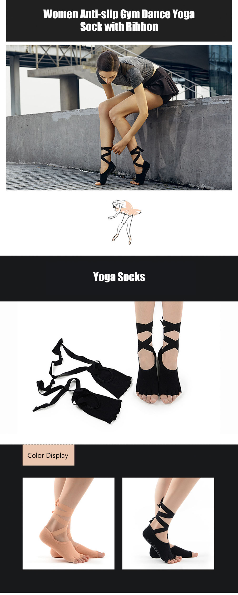 Paired Women Five Toe Anti-slip Gym Dance Yoga Sock with Ribbon