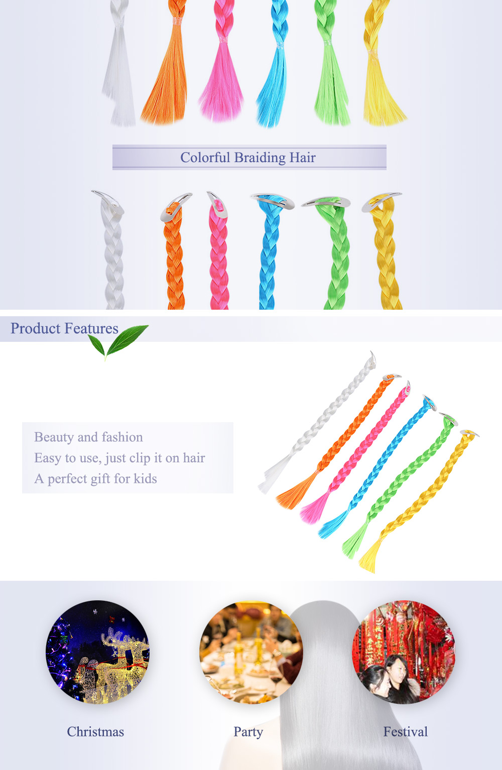 1pc Synthetic Braiding Hair Colorful Ponytail Wig with Hairpin Christmas Cosplay Party