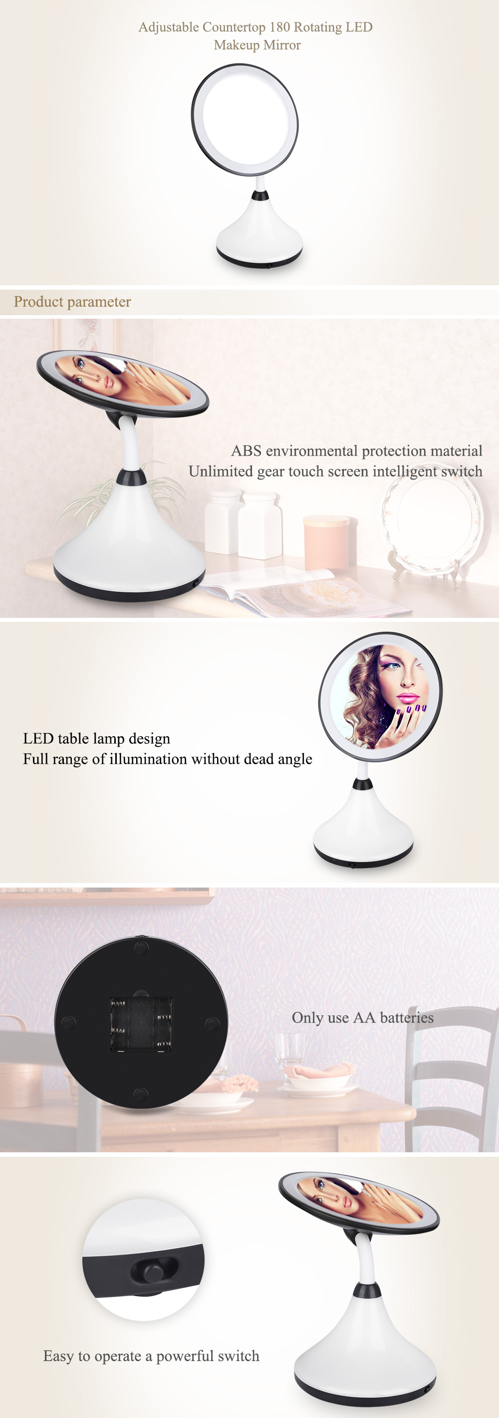 Adjustable Countertop Rotating LED Touch Screen Makeup Mirror