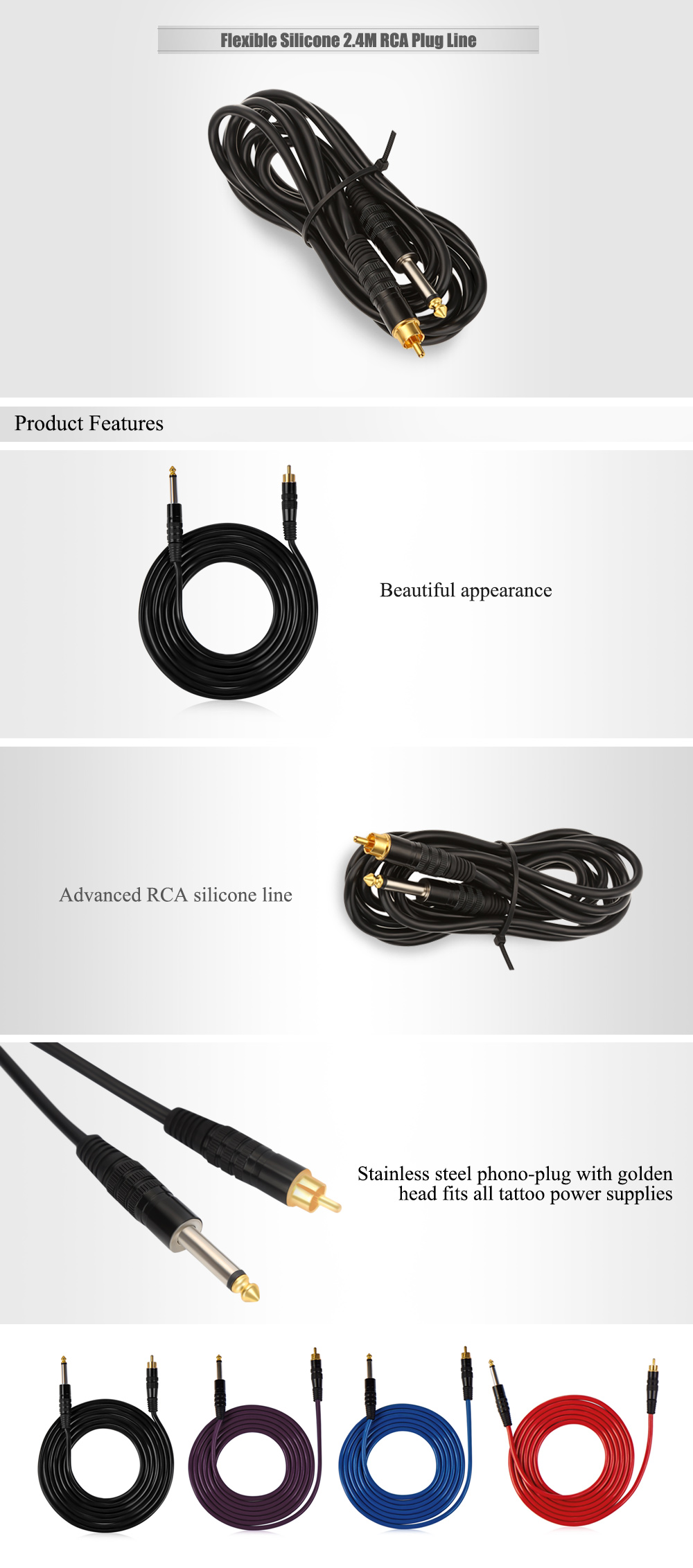 Flexible Silicone 2.4M RCA Plug Line for Tattoo Power Supply