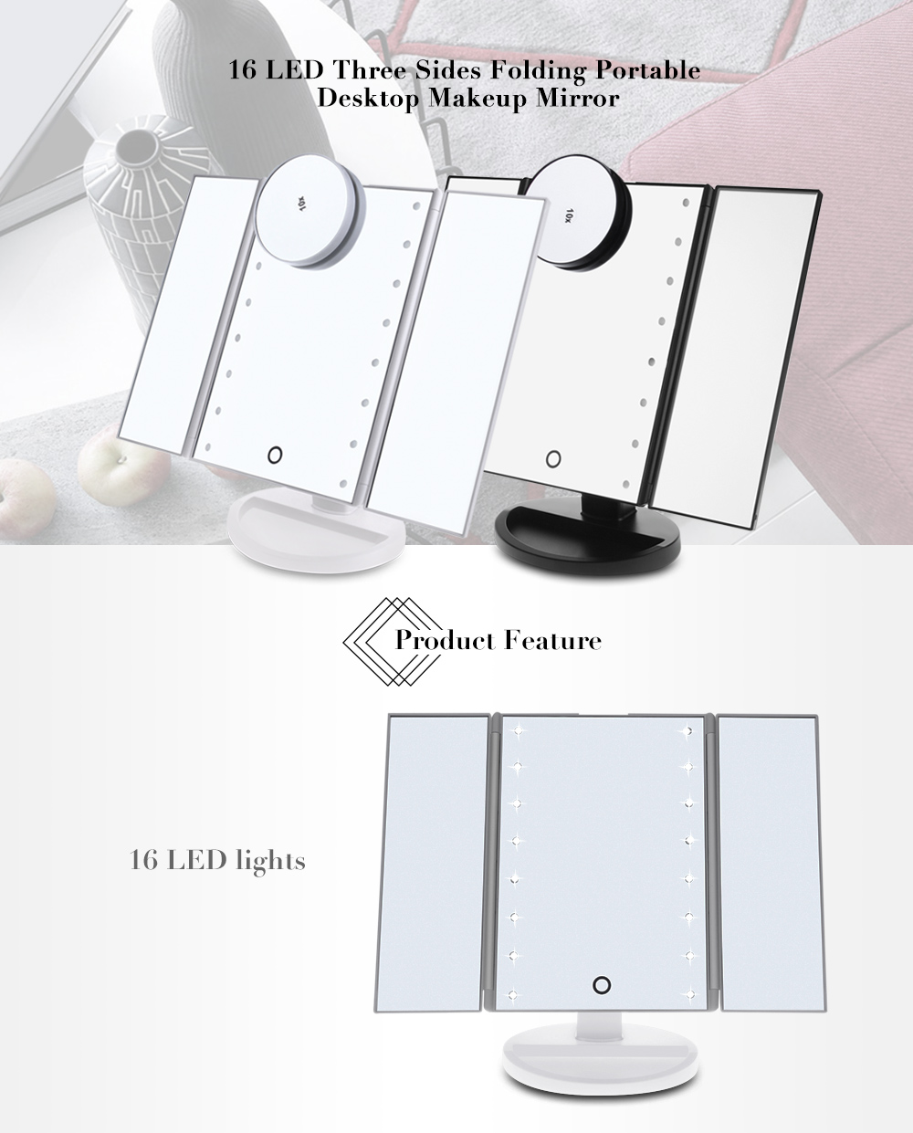 LED Three Sides Folding Portable Desktop Makeup Mirror