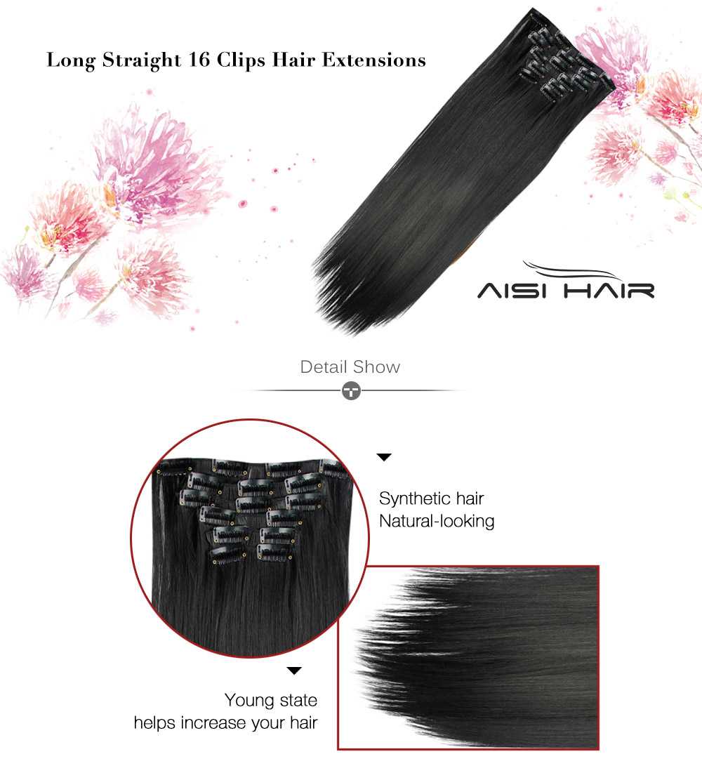 AISI HAIR 16 Clips Temperature Resistant Straight Long Hair Extensions for Women
