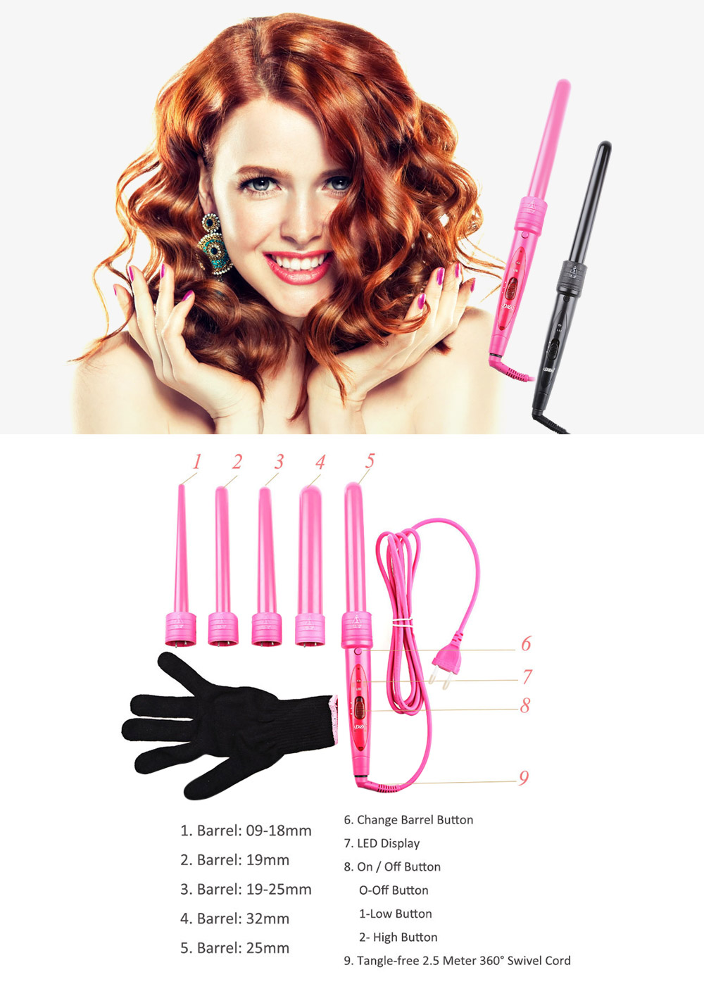 DODO Pro Salon 5-in-1 Interchangeable Hair Curling Iron Multi-size Roller Heat Resistant Glove Set