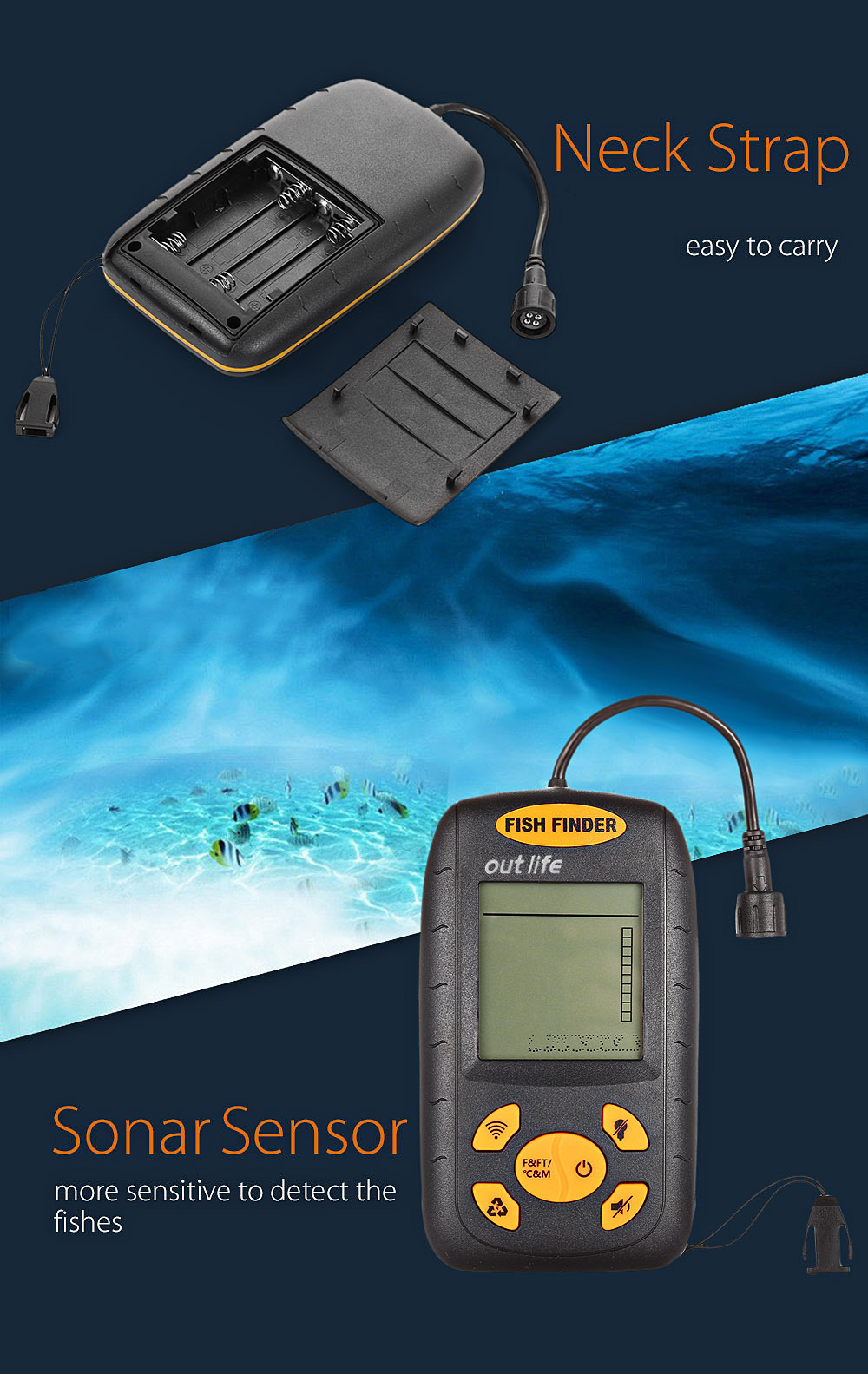 Outlife XF-01 Portable Sonar LCD Fish Finder Wire Alarm 100M