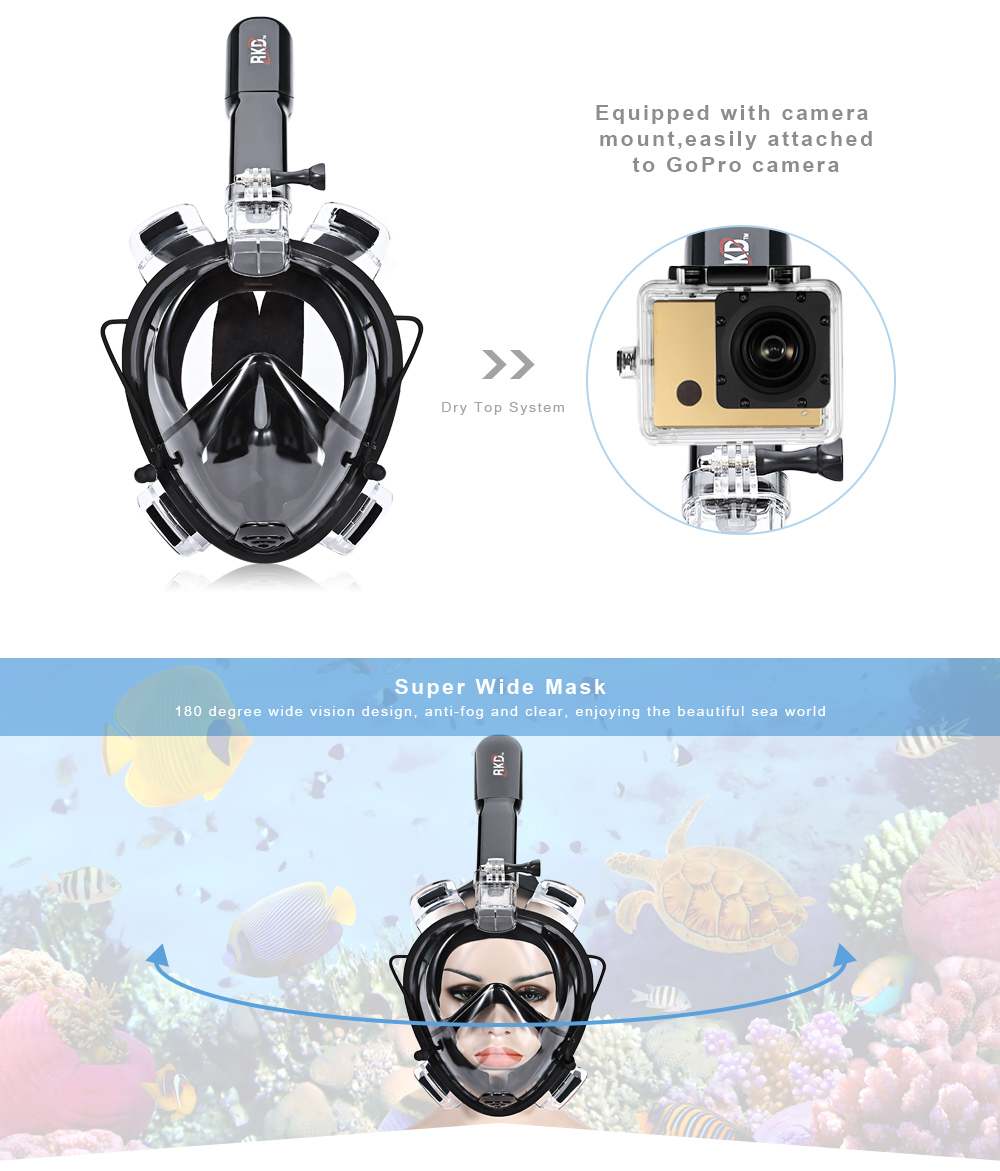 RKD Scuba Diving Training Anti-fog Detachable Dry Snorkeling Full Face Mask Set for GoPro Camera