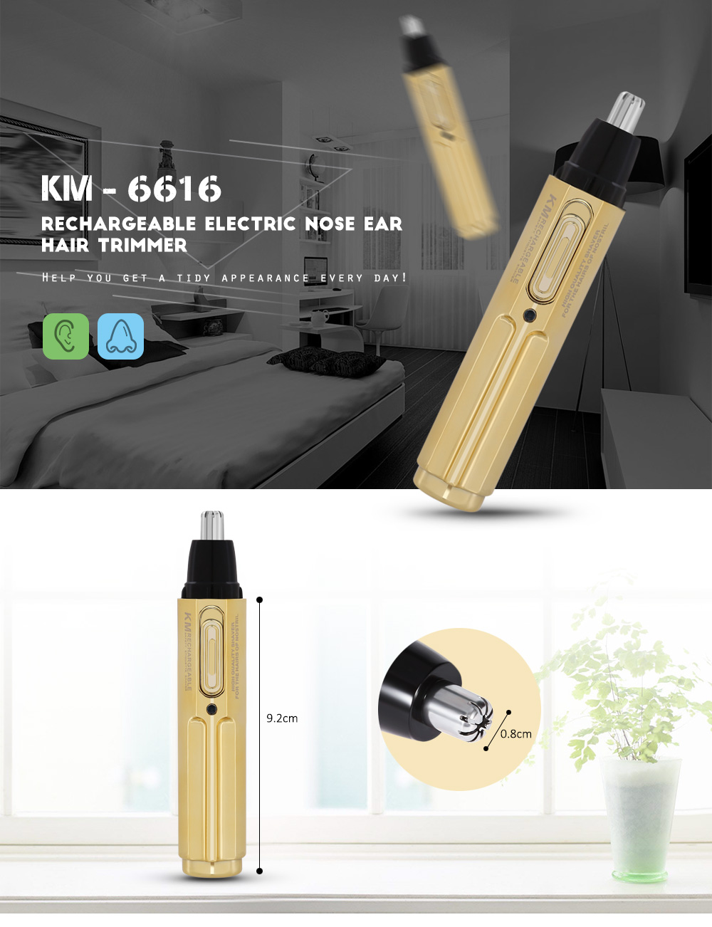 KM - 6616 Rechargeable Washable Electric Nose Ear Hair Trimmer Shaver