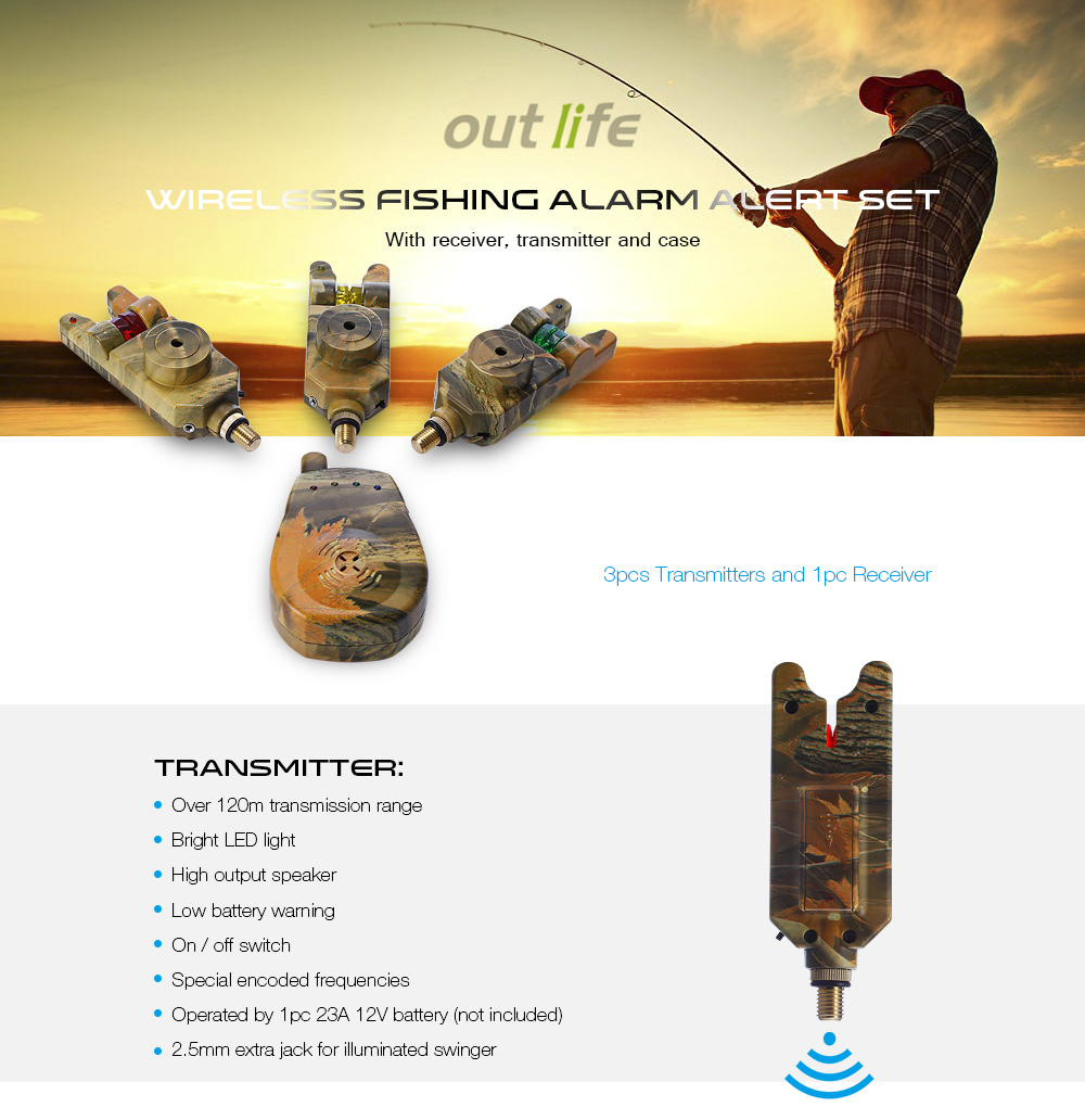 Outlife JY - 35 - 3 Wireless Camouflage Fishing Bite Alarm Set with Receiver Case