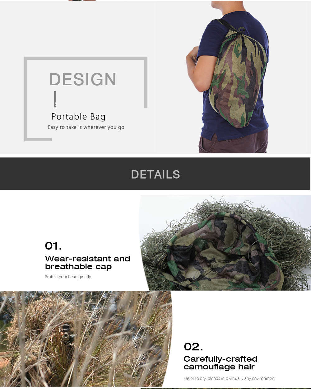 Outlife Camouflage Cloak Jungle Hunting Ghillie Suit Desert Woodland Sniper Birdwatching Poncho