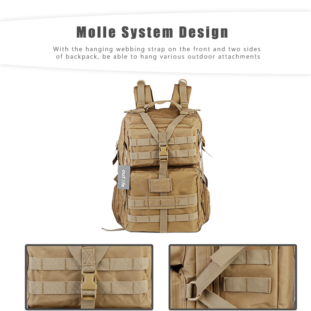 Outlife 068 45L Water Resistant Large Capacity Tactical Molle Backpack for Hiking Camping Trekking