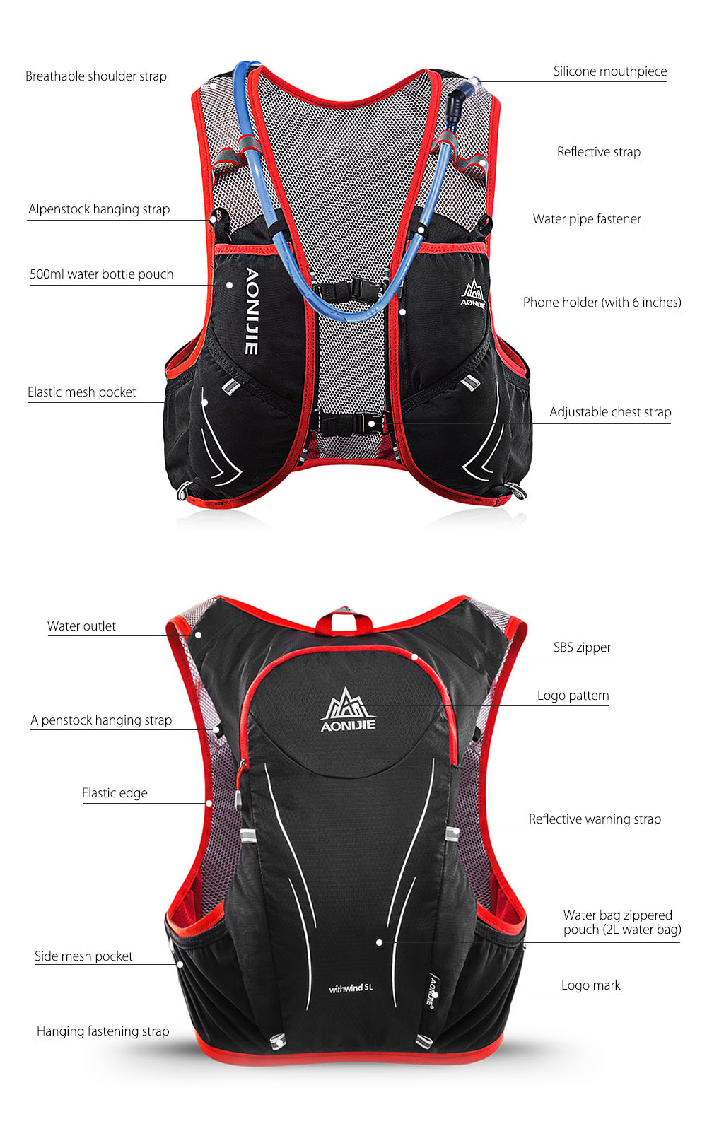 AONIJIE E906S 5L Upgraded Outdoor Running Marathon Reflective Backpack Hydration Vest Pack