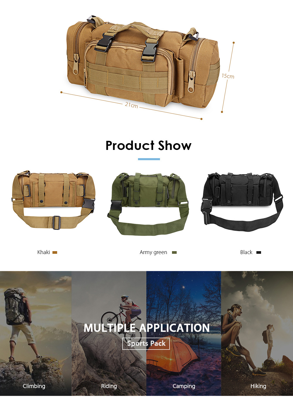 Outlife Multifunctional Tactical Waist Bag Molle Pack Military Rucksack for Hiking Camping Trekking