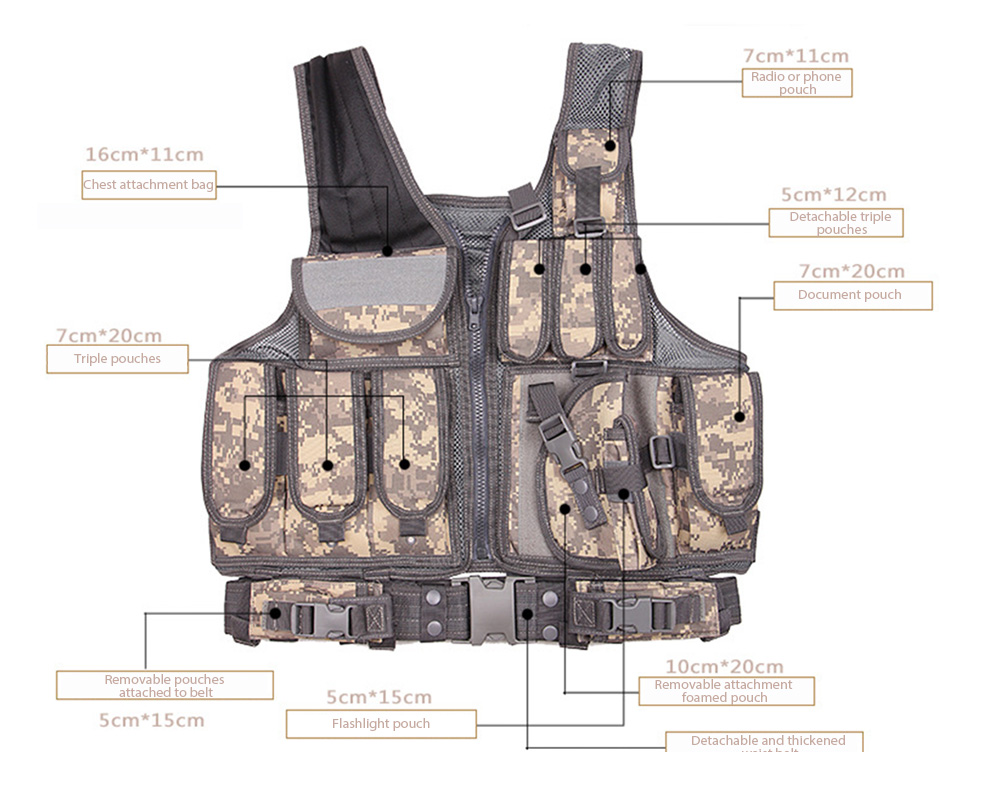 Tactical Paintball Military Assault Shooting Hunting Molle Vest with Holster