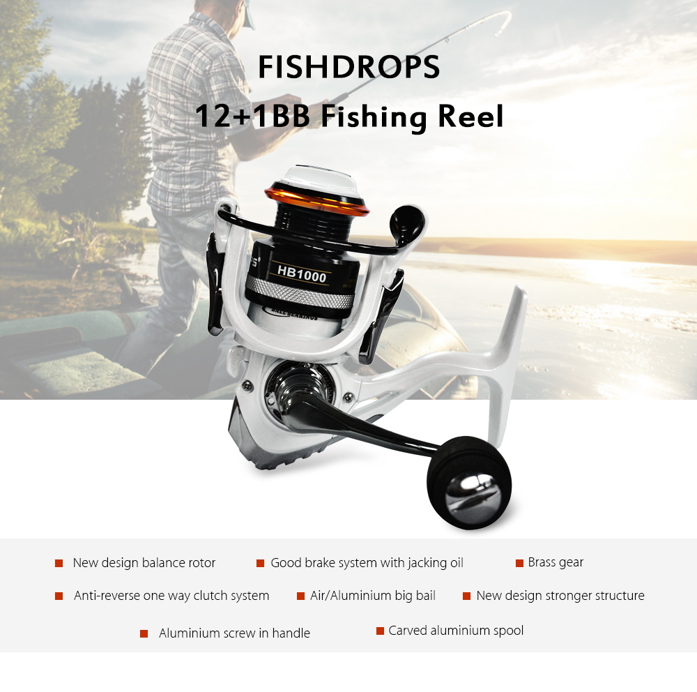 FISHDROPS 12+1BB Lightweight Fishing Tackle Spinning Reel Metal Wheel Fish Spool with Carbon Fiber Brake