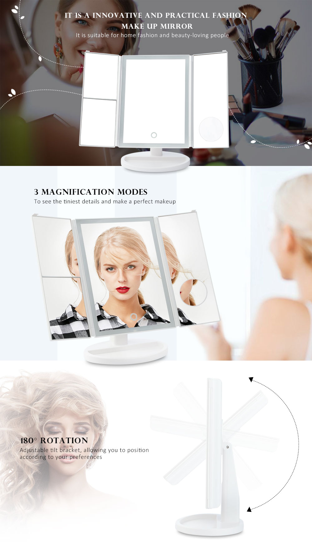 Tri-folded 2X 3X 10X Magnification 3 Sides LED Light Cosmetic Mirror