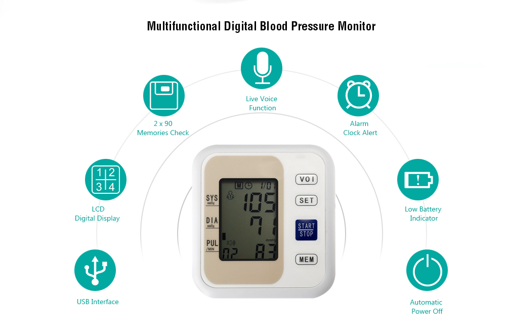 LZX - B1681 Upper Arm Style Electronic Blood Pressure Monitor Live Voice with LCD Display Systolic Diastolic Pulse