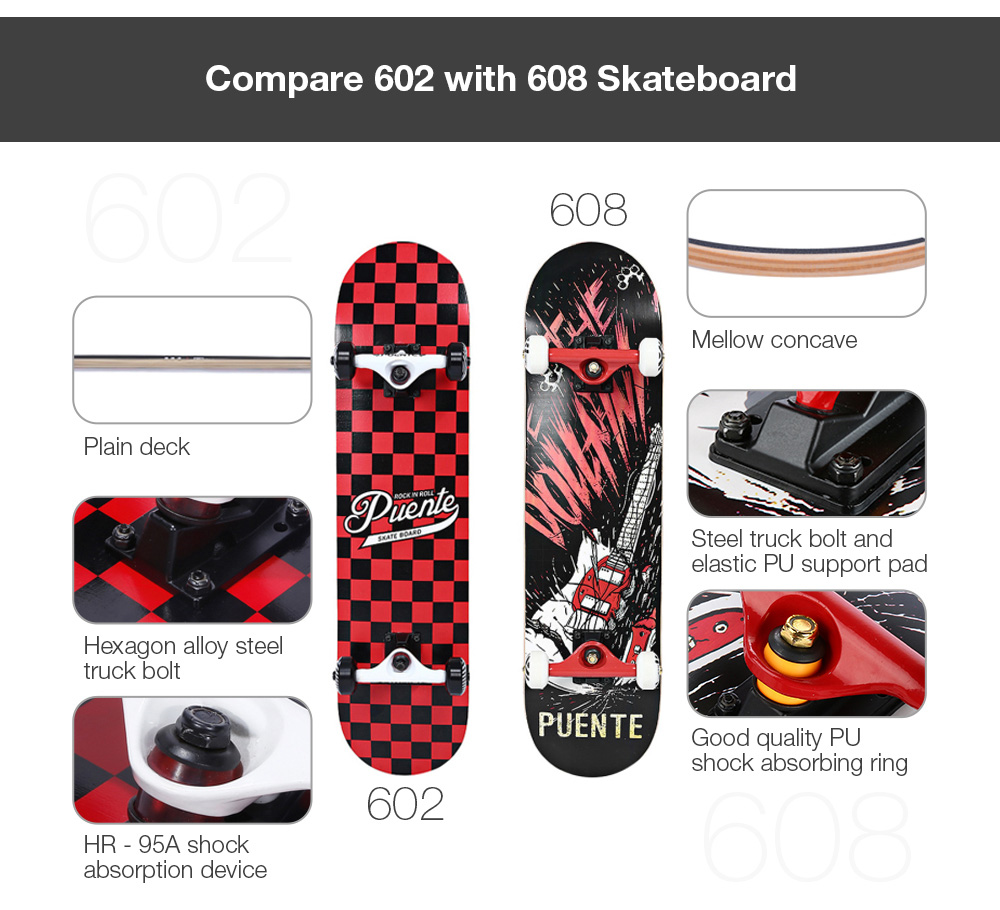 PUENTE 608 Four-wheel Double Kick Deck Skateboard for Entertainment with T-shape Gadget