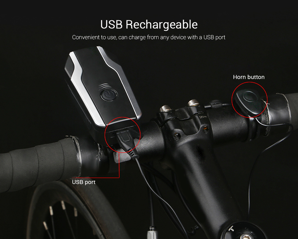 2599 Bicycle Headlight Bike Horn USB Charging Front Light with Anti-theft Alarm