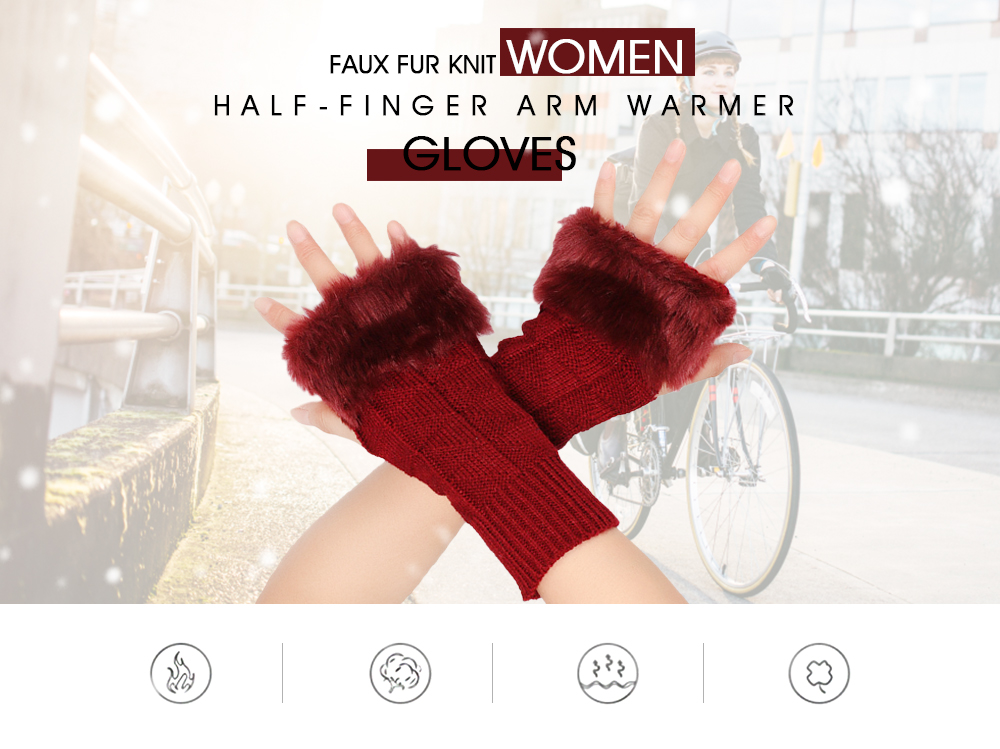 Faux Fur Furry Knit Women Stretchy Half-finger Arm Warmer Gloves