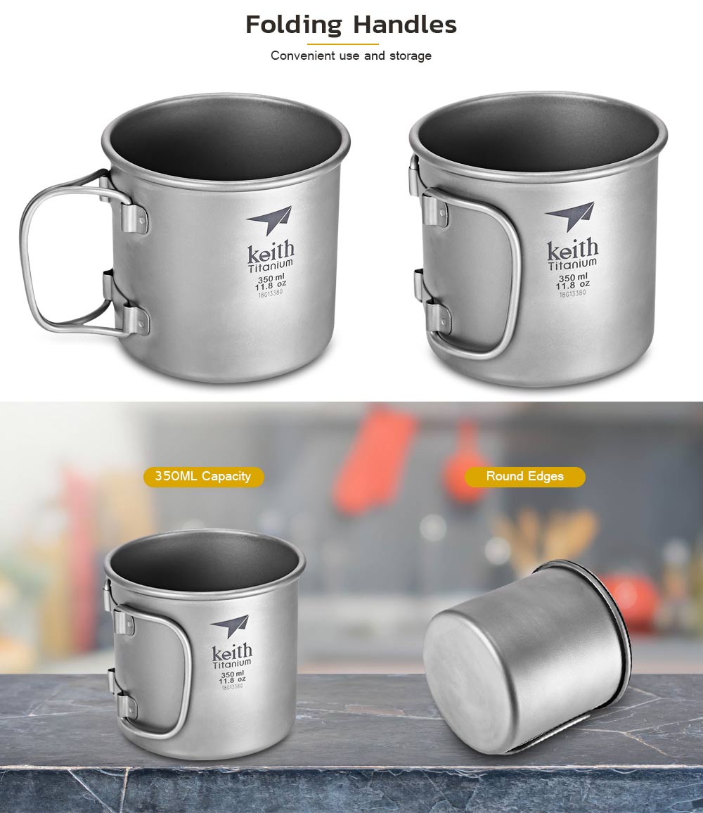 Keith Ti3240 Outdoor Drinkware Foldable Handle Titanium Cup with Cover