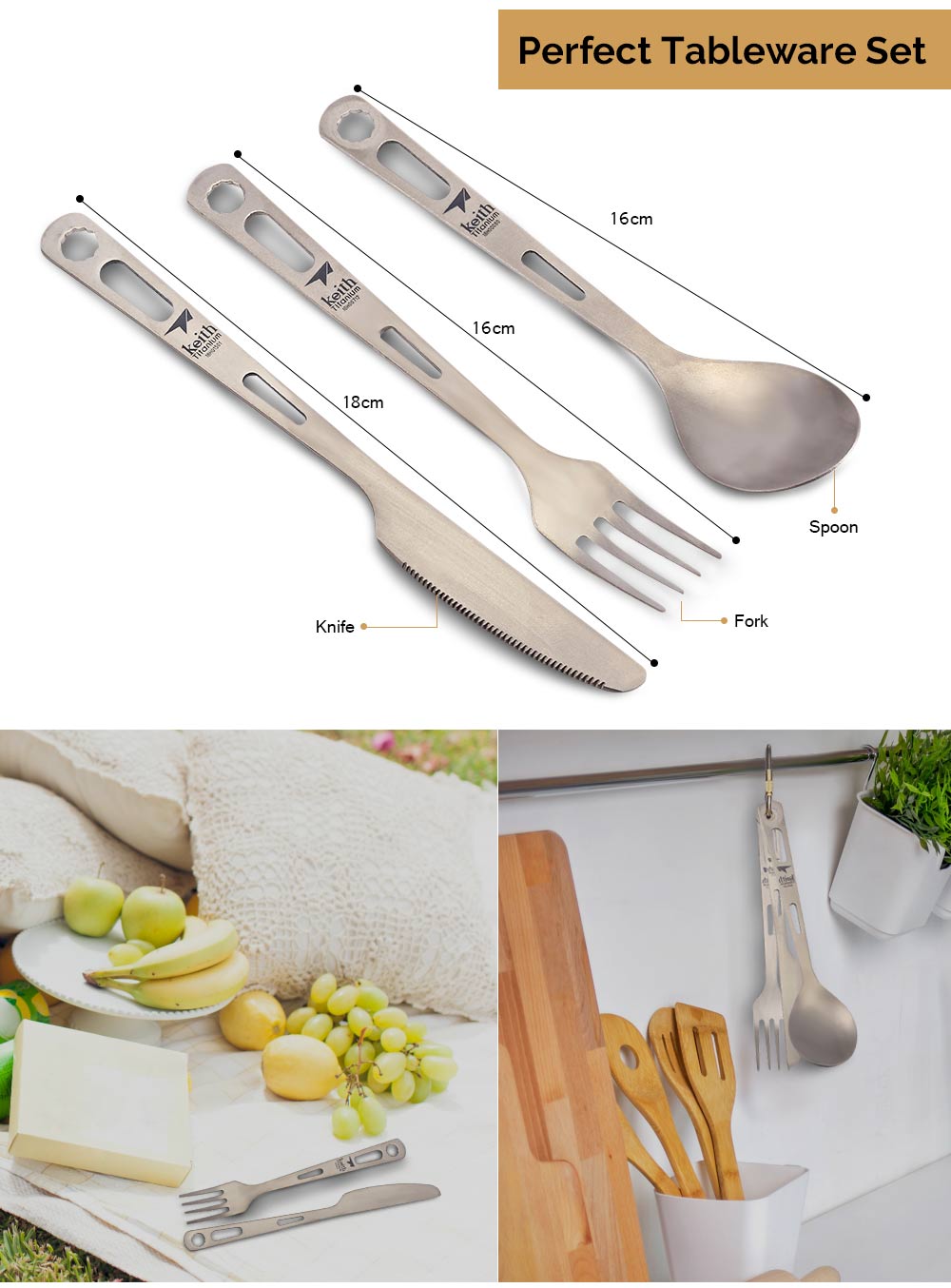 Keith Portable Outdoor Cutlery Set Pure Titanium Knife Fork Spoon