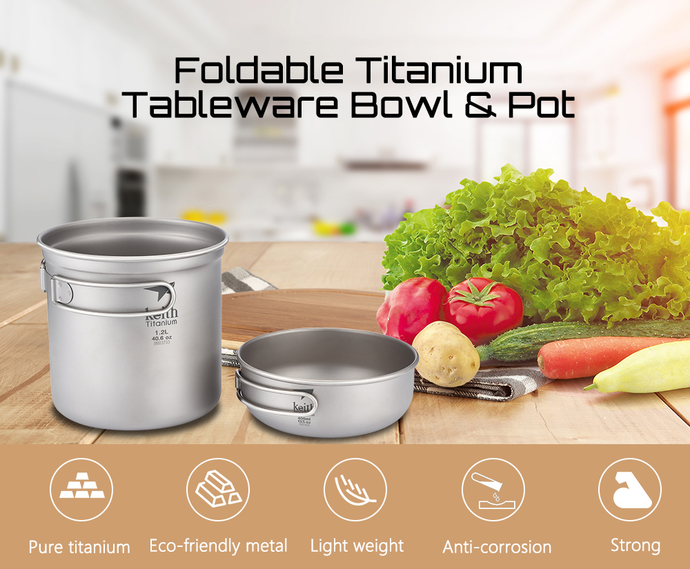 Keith Portable Tableware Foldable Handle 1.2L + 400ml Titanium Pot Bowl