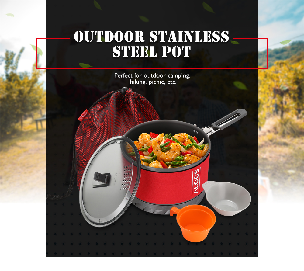 ALOCS Outdoor Camping Stainless Steel Pot with Lid Bowl Cup Set for 1 - 2 Person
