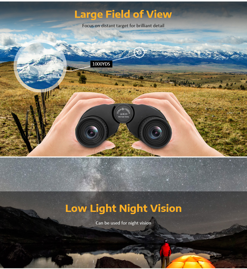 Beileshi 10 x 25 Folding High Powered Binocular with Weak Light Night Vision