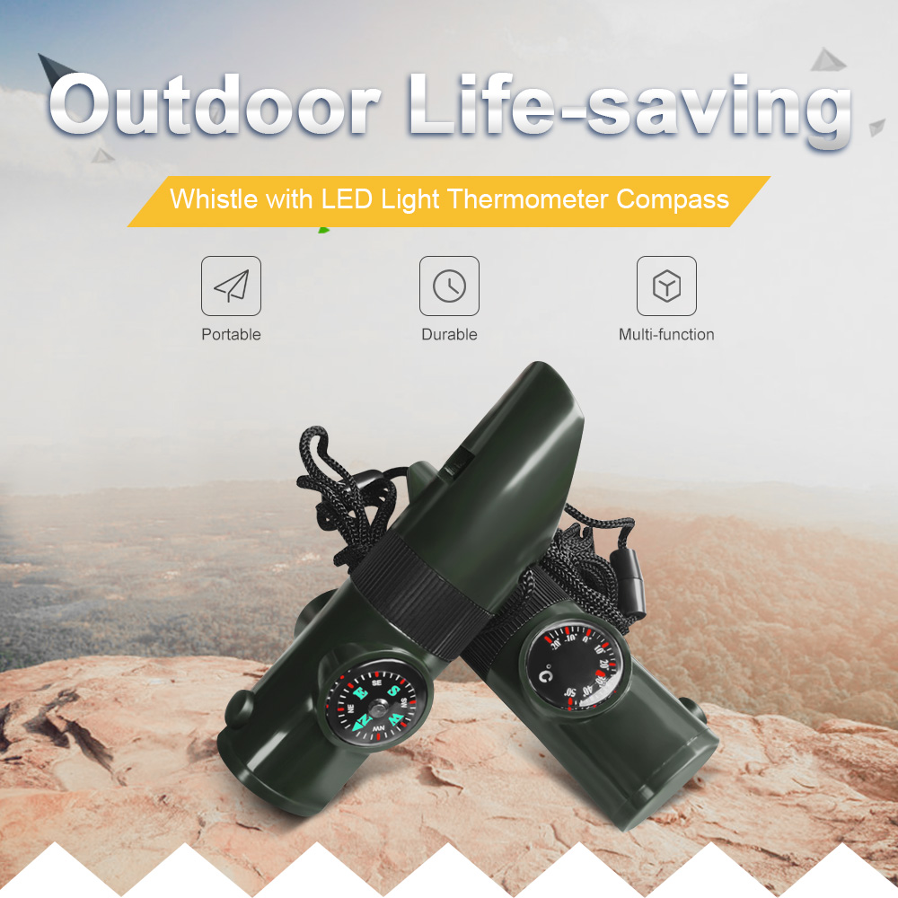 Outdoor Seven-in-one Multi-function Survival Life-saving Whistle with LED Light Thermometer Compass