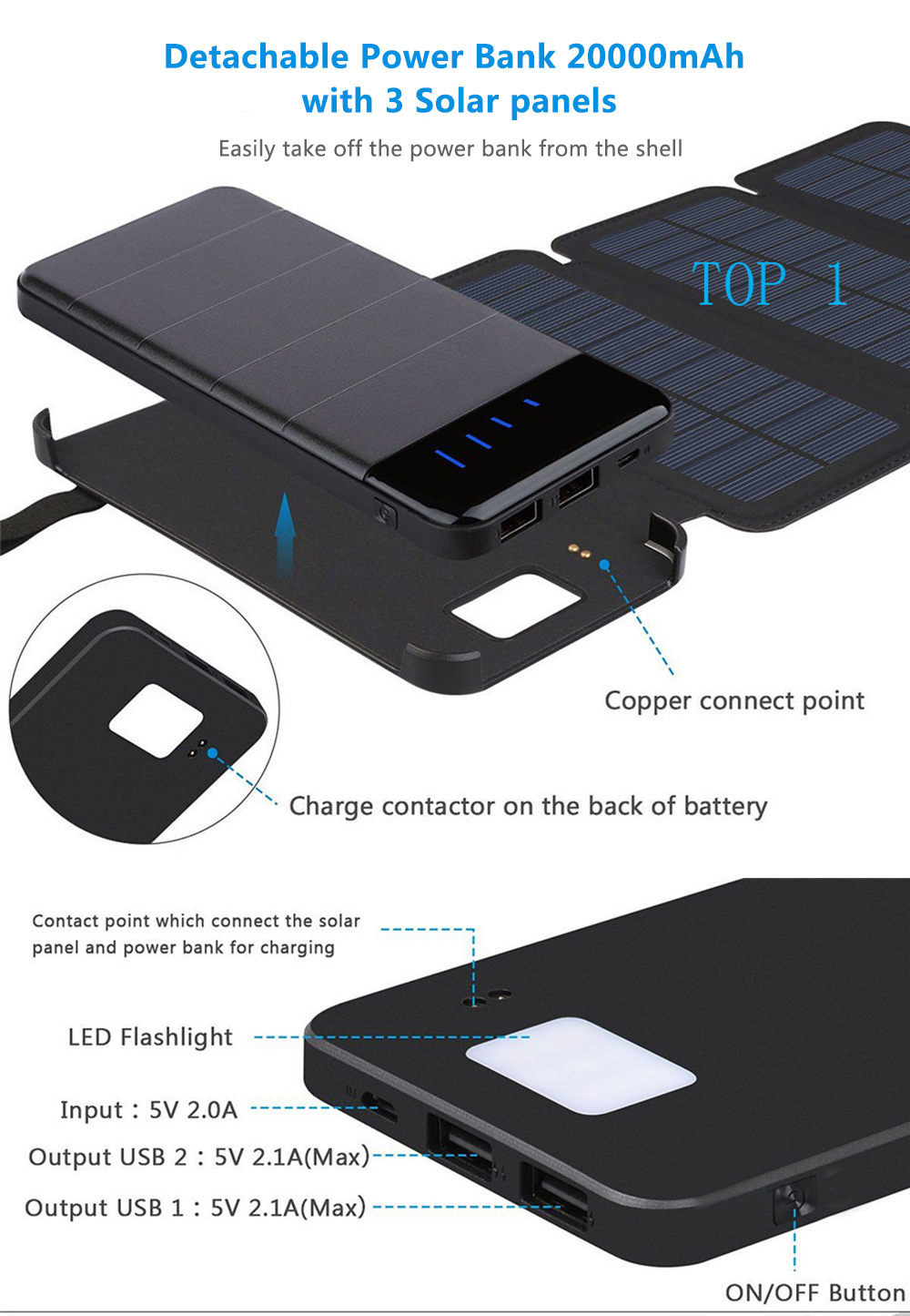 Outdoor Solar Charging Panel Removable Folding Mobile Phone Charger