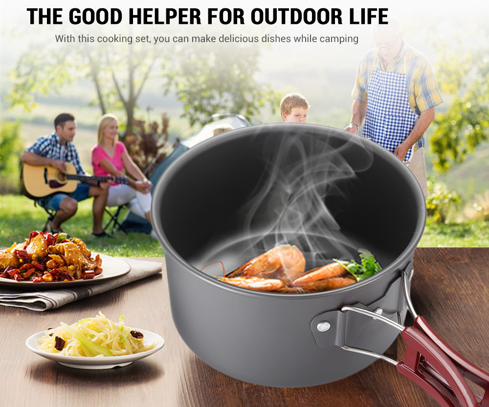 8pcs 2 - 3 People Portable Outdoor Camping Aluminum Cookware Picnic Bowl Pot Pan