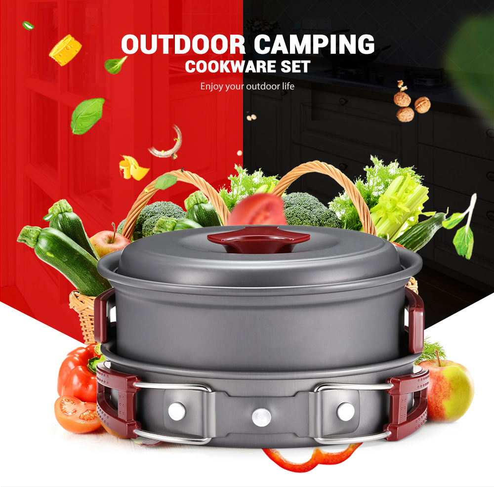 7pcs 1 - 2 People Portable Outdoor Camping Aluminum Cookware Picnic Bowl Pot Pan