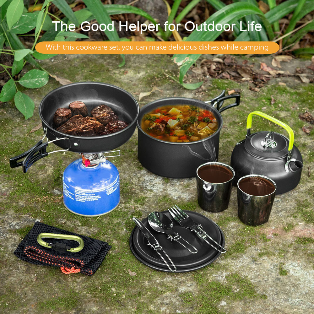 Portable 2 - 3 People Camping Outdoor Cookware Teapot Pan Set with Teacup Folding Tableware
