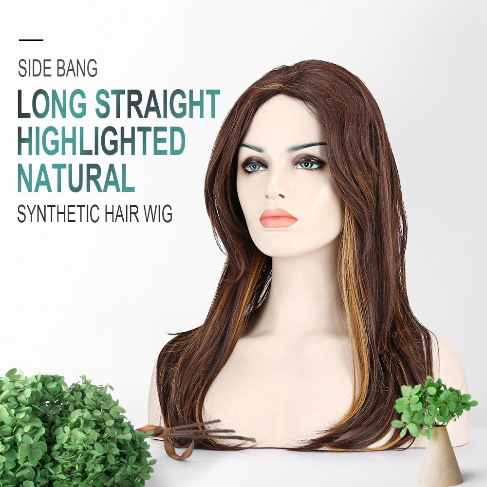 Long Side Bang Highlighted Natural Straight Synthetic Wig